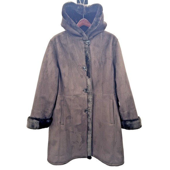 Chocolate Jackets & Blazers - Vintage Penny Lane 1X Brown Coat Faux Suede Fur Trim Hooded Mid-Length Cozy Warm